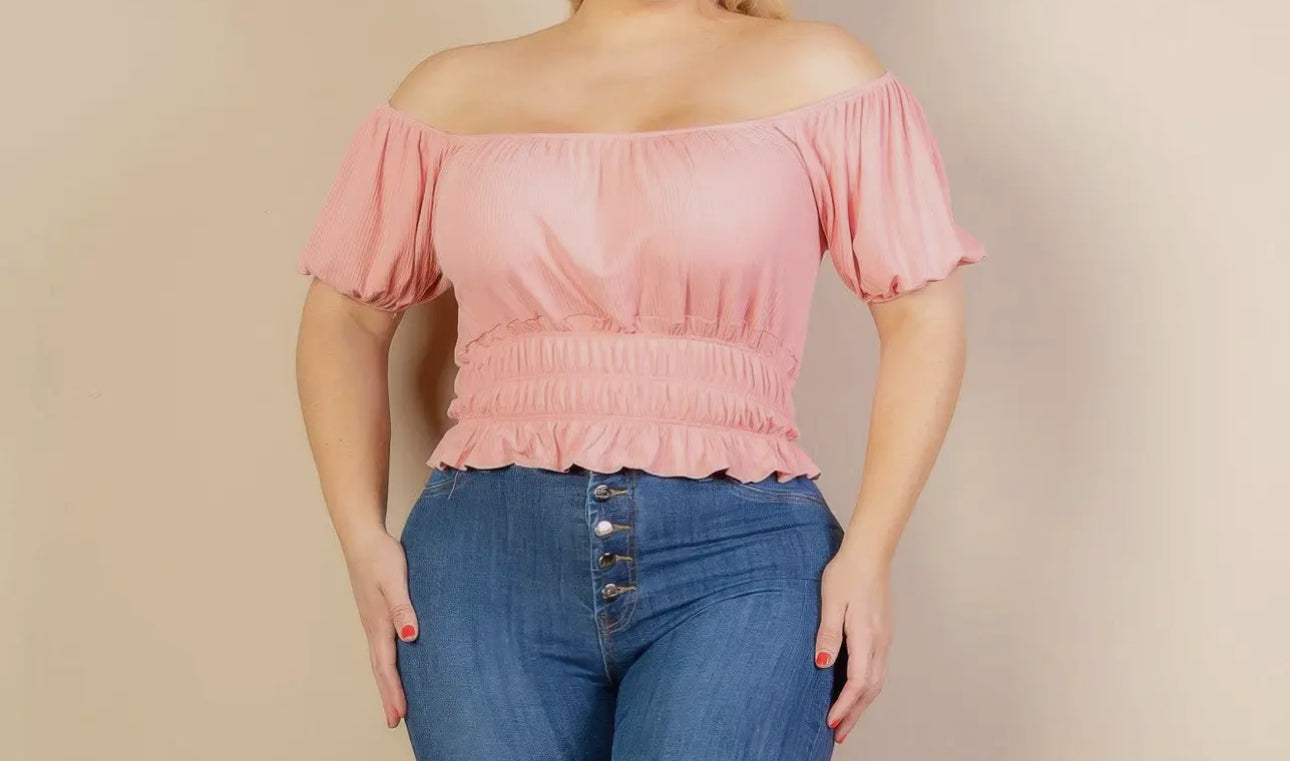 Plus Size Casual Ruched Puff Sleeve Ribbed Knit Solid Top-Blush