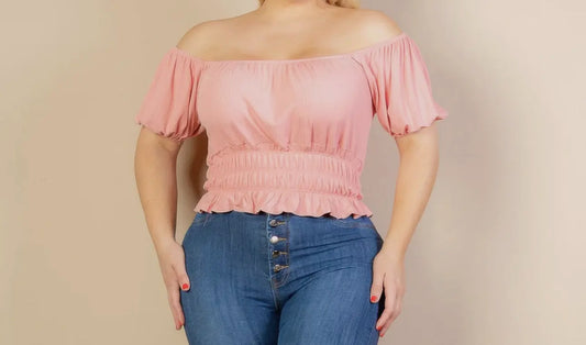 Plus Size Casual Ruched Puff Sleeve Ribbed Knit Solid Top-Blush
