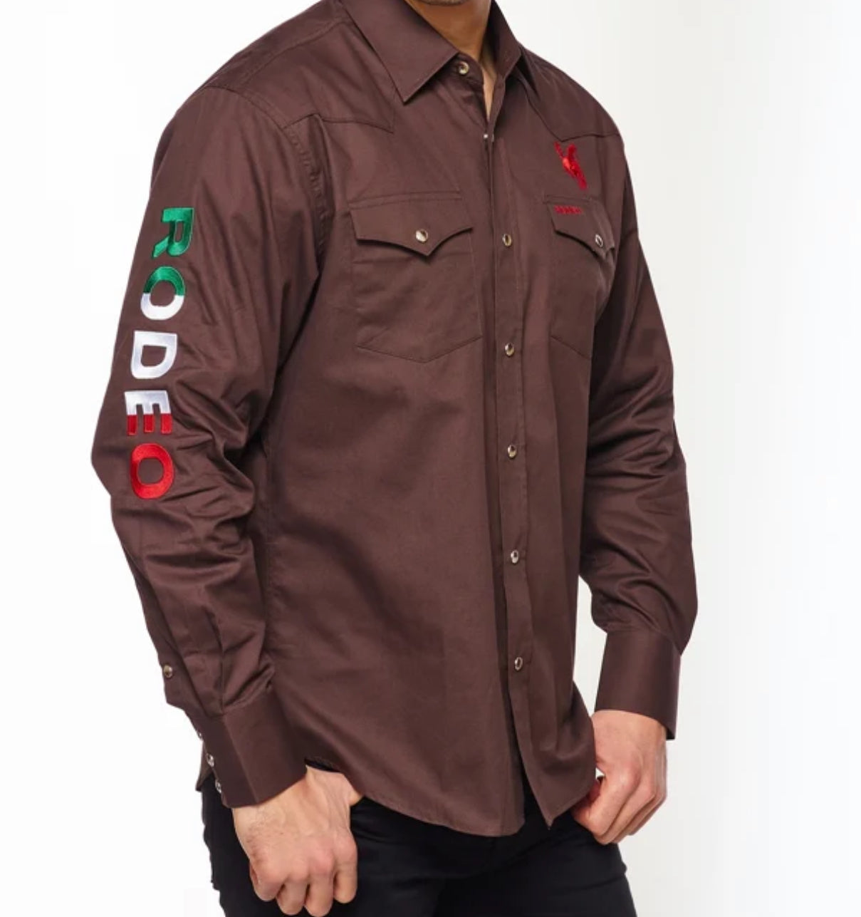 Rodeo Clothing Co. Western Rodeo Embroidered Signature Logo Shirt-Brown Mex
