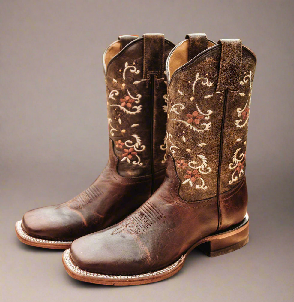 Brown Floral Embroidered-Square Toe