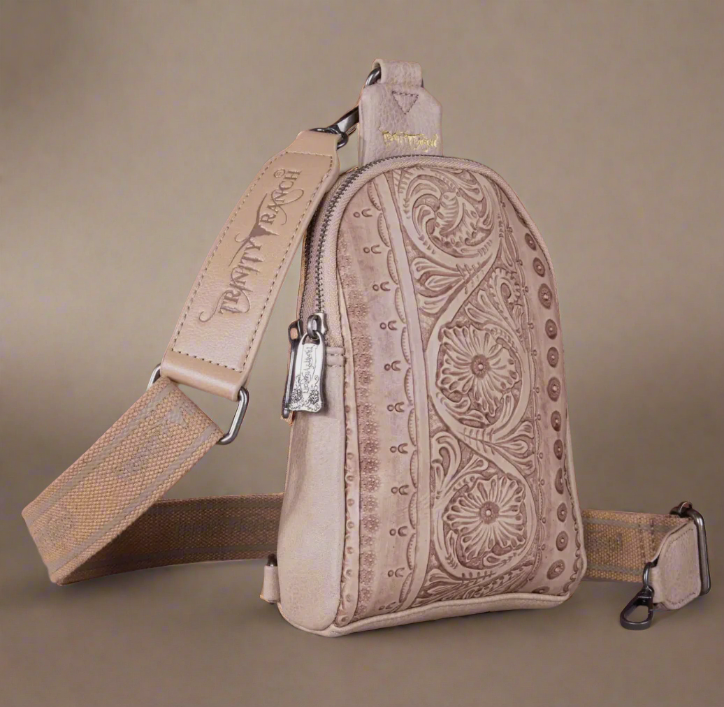 Trinity Ranch Floral Tooled Collection Sling Bag-Tan