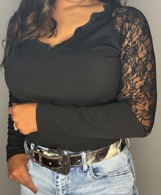 Long Sleeve Lace Top-Black