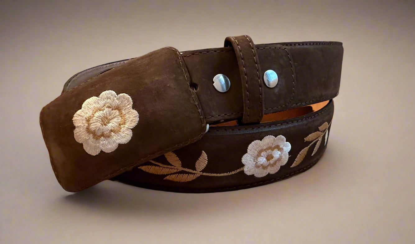 Western Beige Floral Belt and Buckle-Brown
