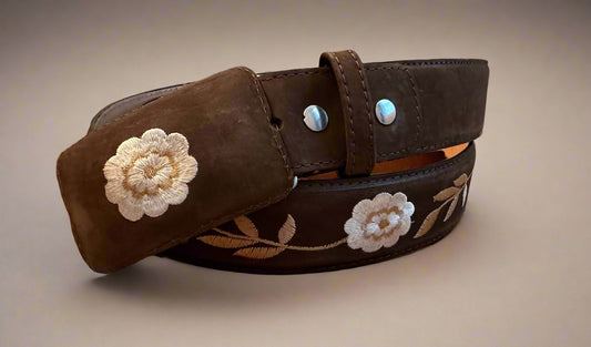 Western Beige Floral Belt and Buckle-Brown