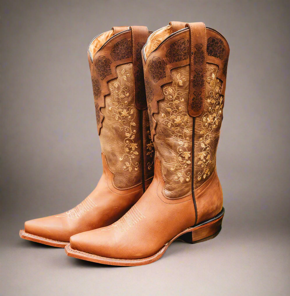 Autumn Gold Embroidered Tan Boots-Snip Toe