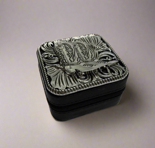 Western Cowboy Boot Etched Metal Plate Jewelry Box