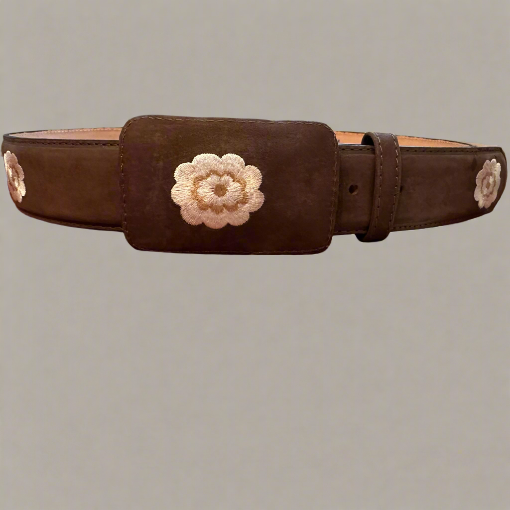 Western Beige Floral Belt and Buckle-Brown