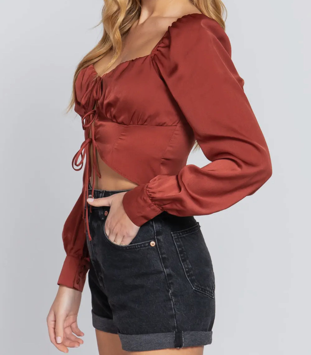 Long Sleeve Sweetheart Neck Front Ribbon Tie Detail Woven Top-Rust