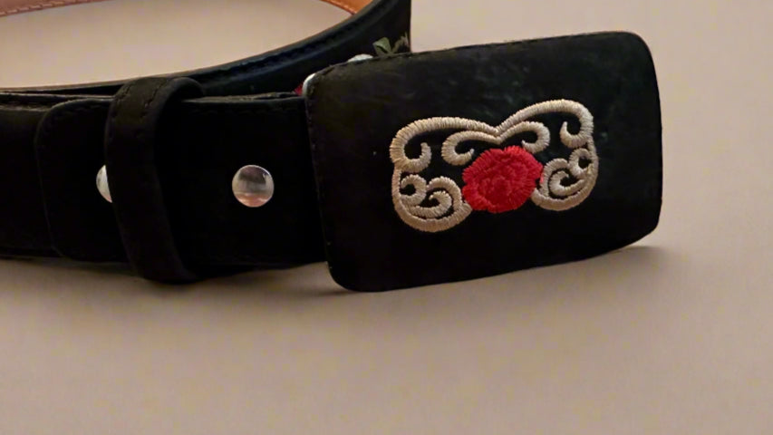 Western Black Red Rose Belt and Buckle-Black