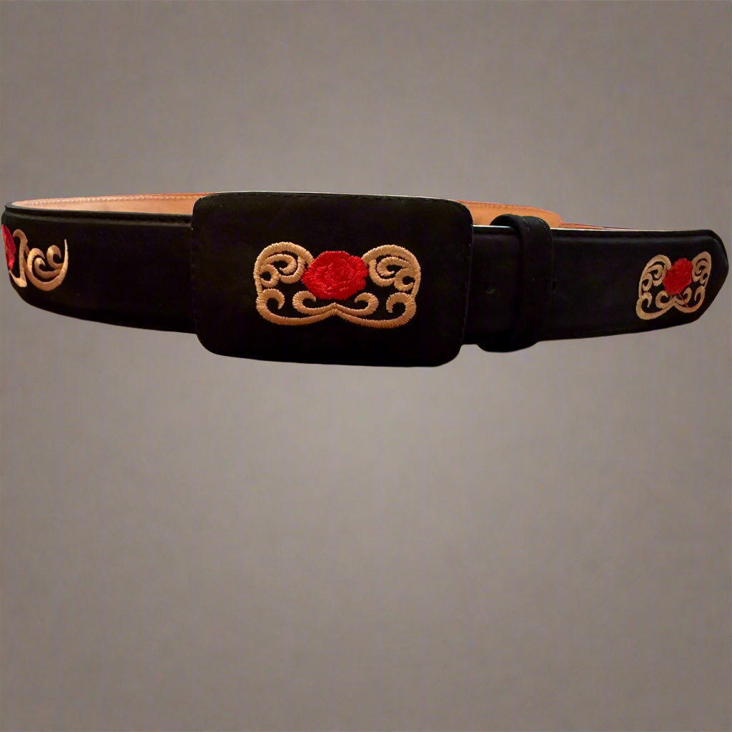 Western Black Red Rose Belt and Buckle-Black