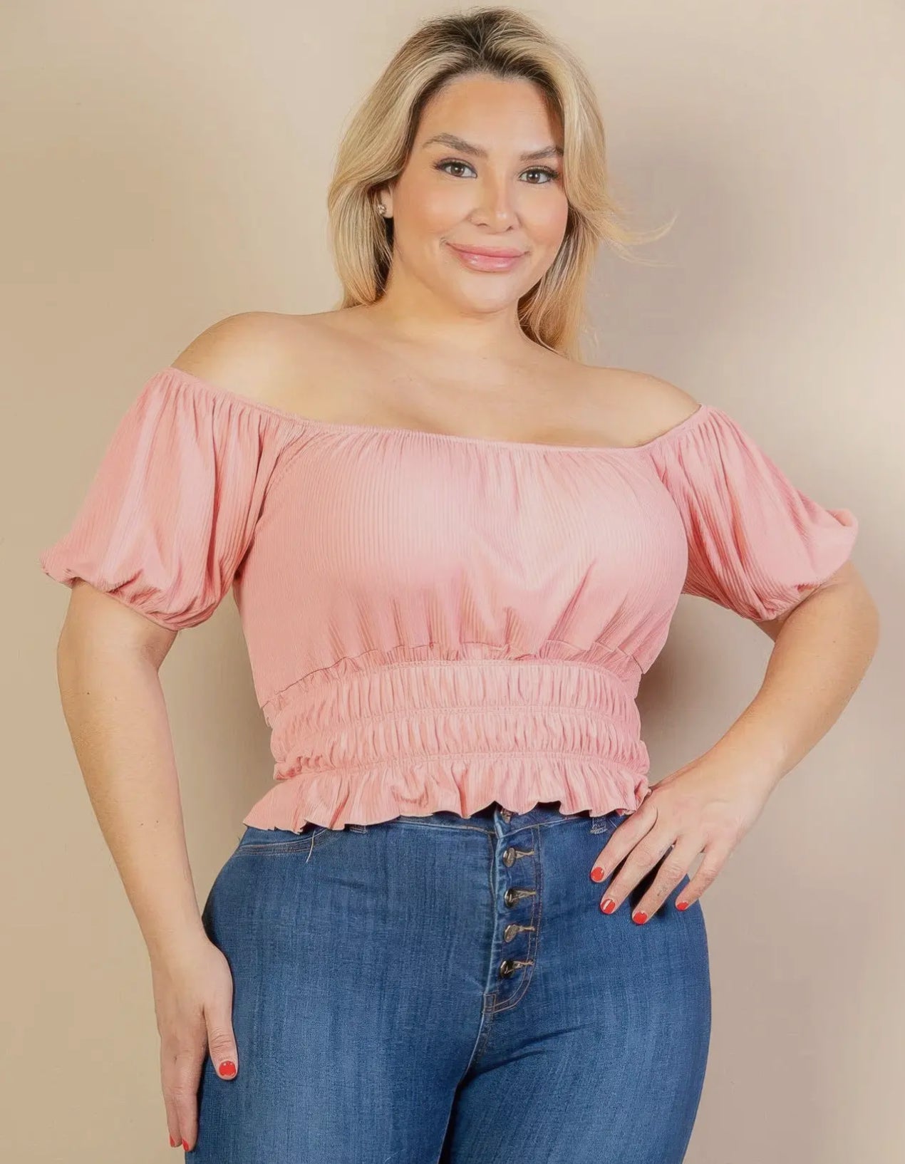 Plus Size Casual Ruched Puff Sleeve Ribbed Knit Solid Top-Blush