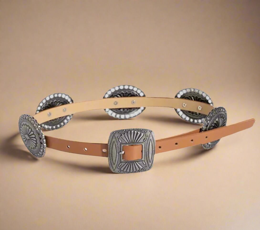 Women’s Faux Leather Western Carved Concho Belt