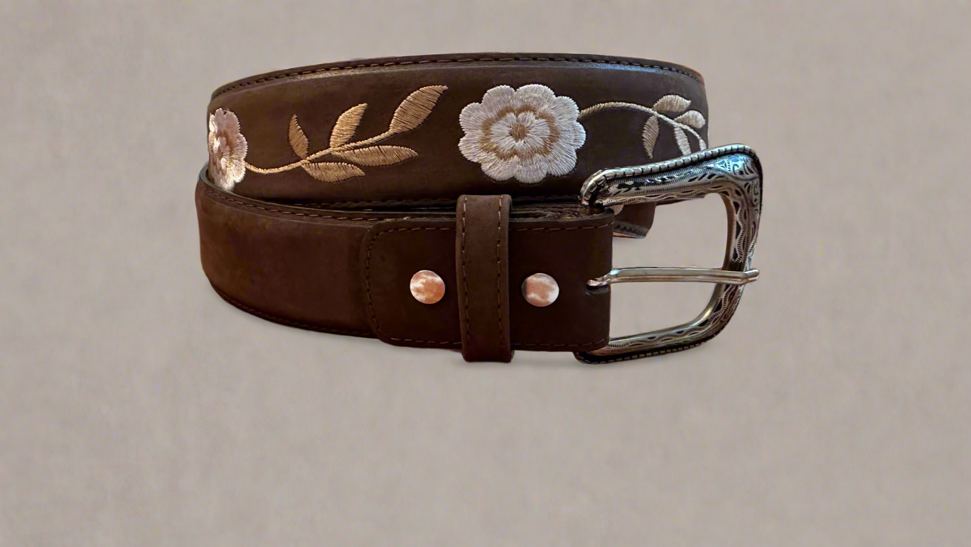 Western Beige Floral Belt-Brown