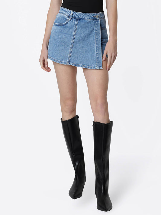 HIGH RISE MEDIUM WASH DENIM WRAP SKORT