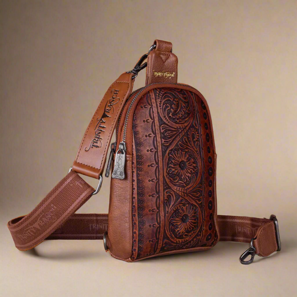 Trinity Ranch Floral Tooled Collection Sling Bag-Brown