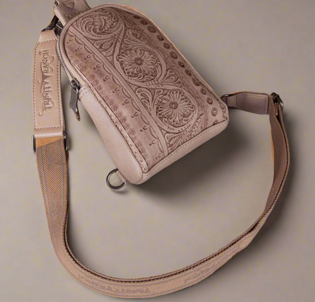 Trinity Ranch Floral Tooled Collection Sling Bag-Tan