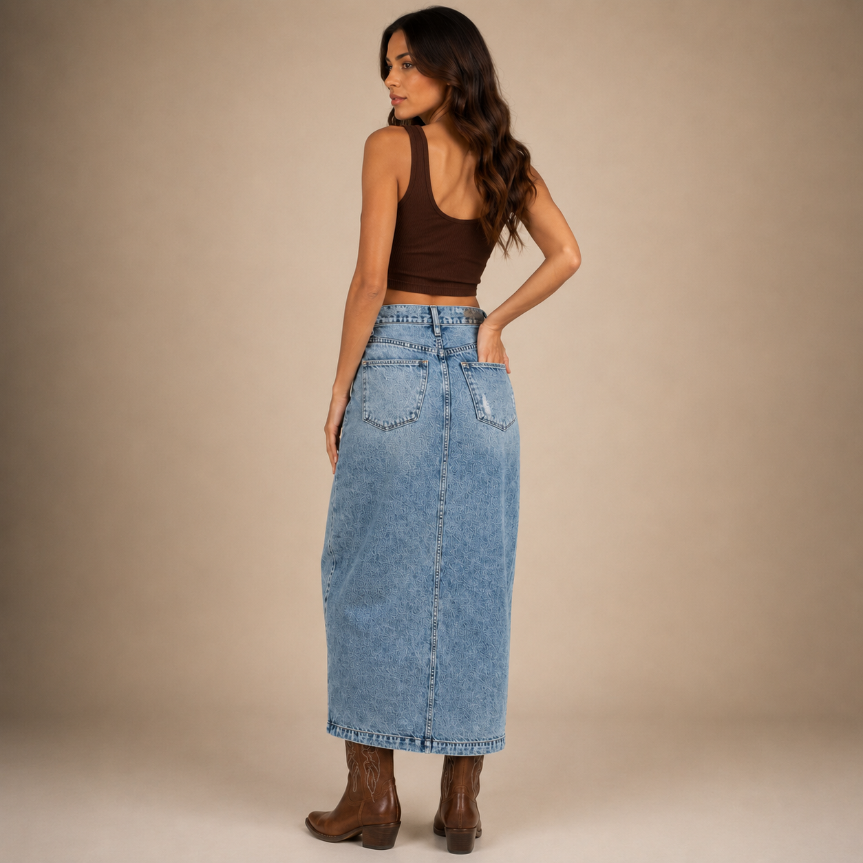 Women’s Destroyed Rigid Maxi Skirt w/ Split Hem Jean Skirt