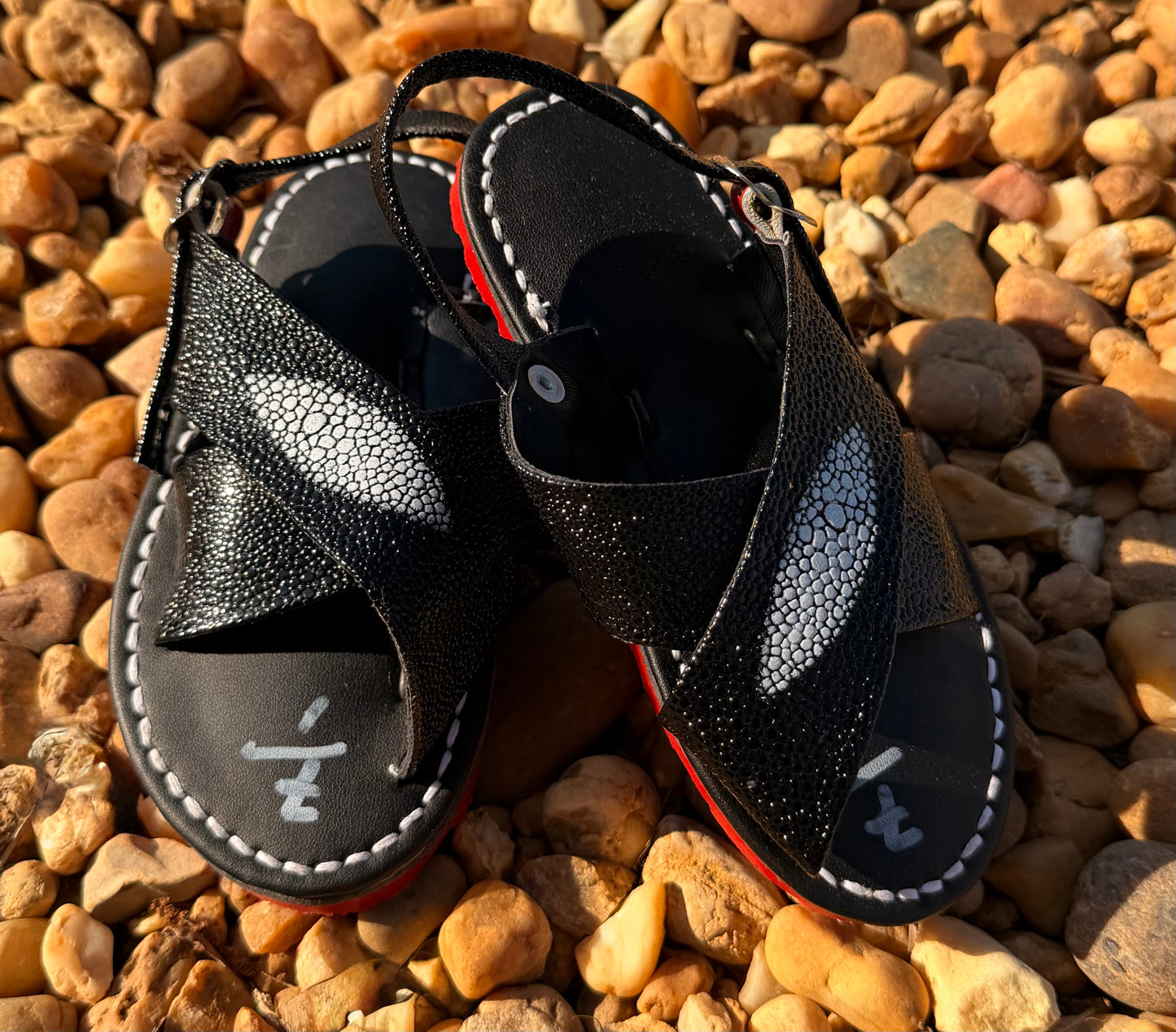 Kids Huaraches Synthetic Leather Diamond Design in Stingray with Red Sole