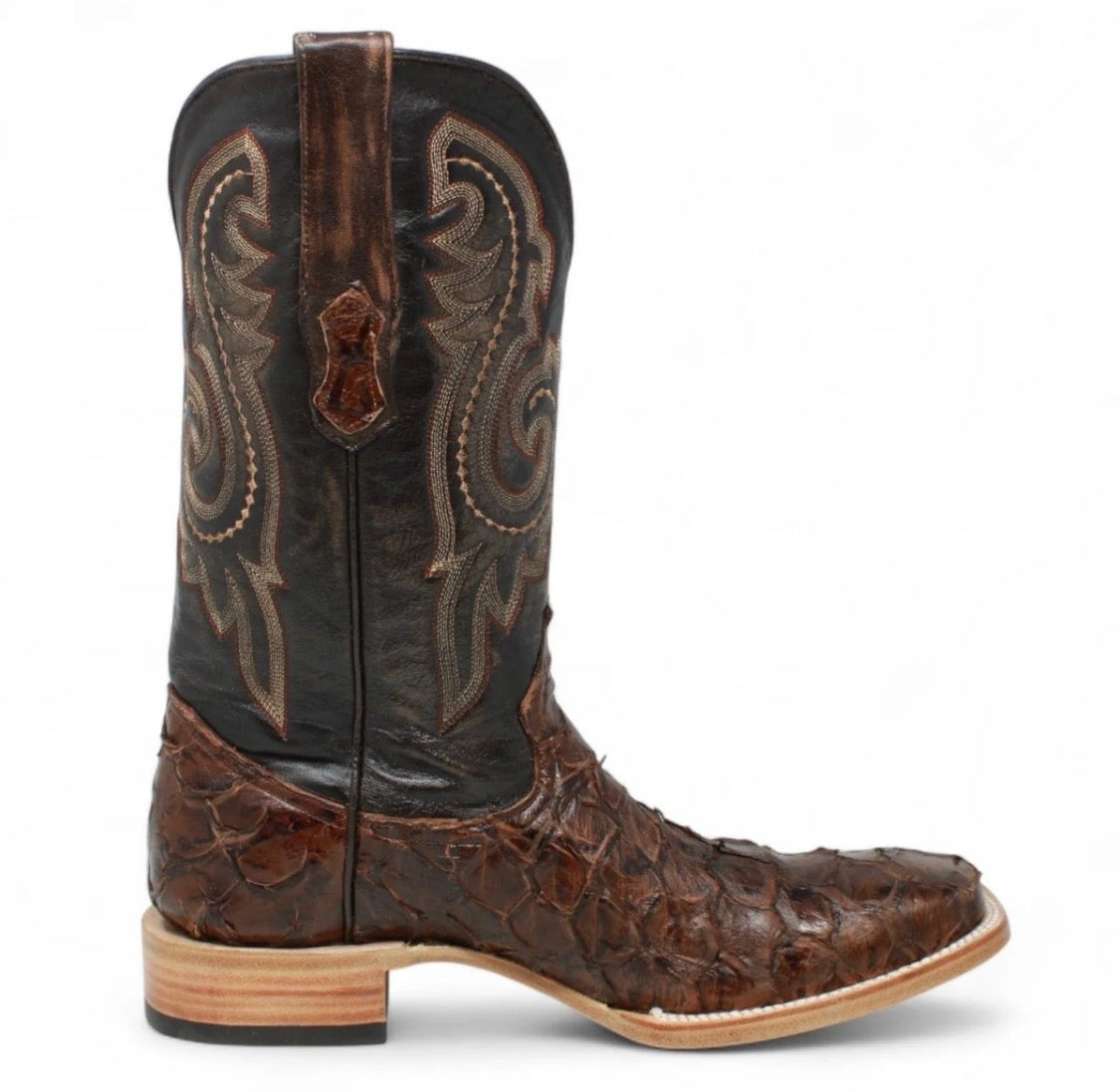 TANNER MARK MEN'S EXOTIC LEATHER MONSTER FISH CHOCOLATE BROWN BOOTS