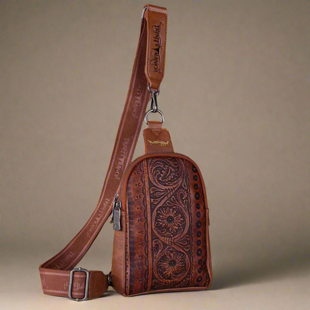 Trinity Ranch Floral Tooled Collection Sling Bag-Brown
