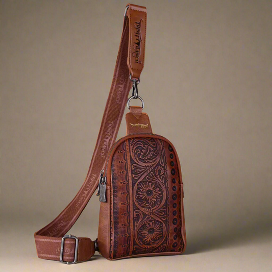 Trinity Ranch Floral Tooled Collection Sling Bag-Brown