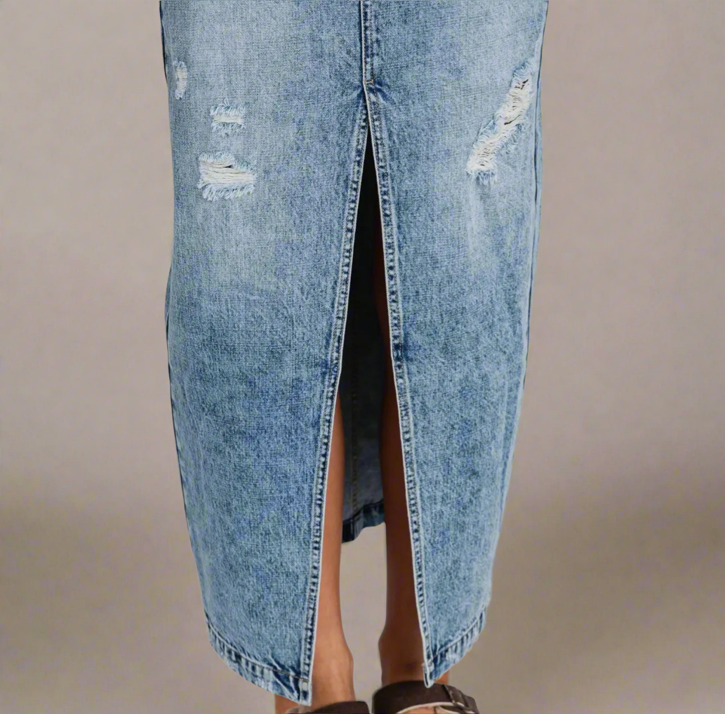 Women’s Destroyed Rigid Maxi Skirt w/ Split Hem Jean Skirt