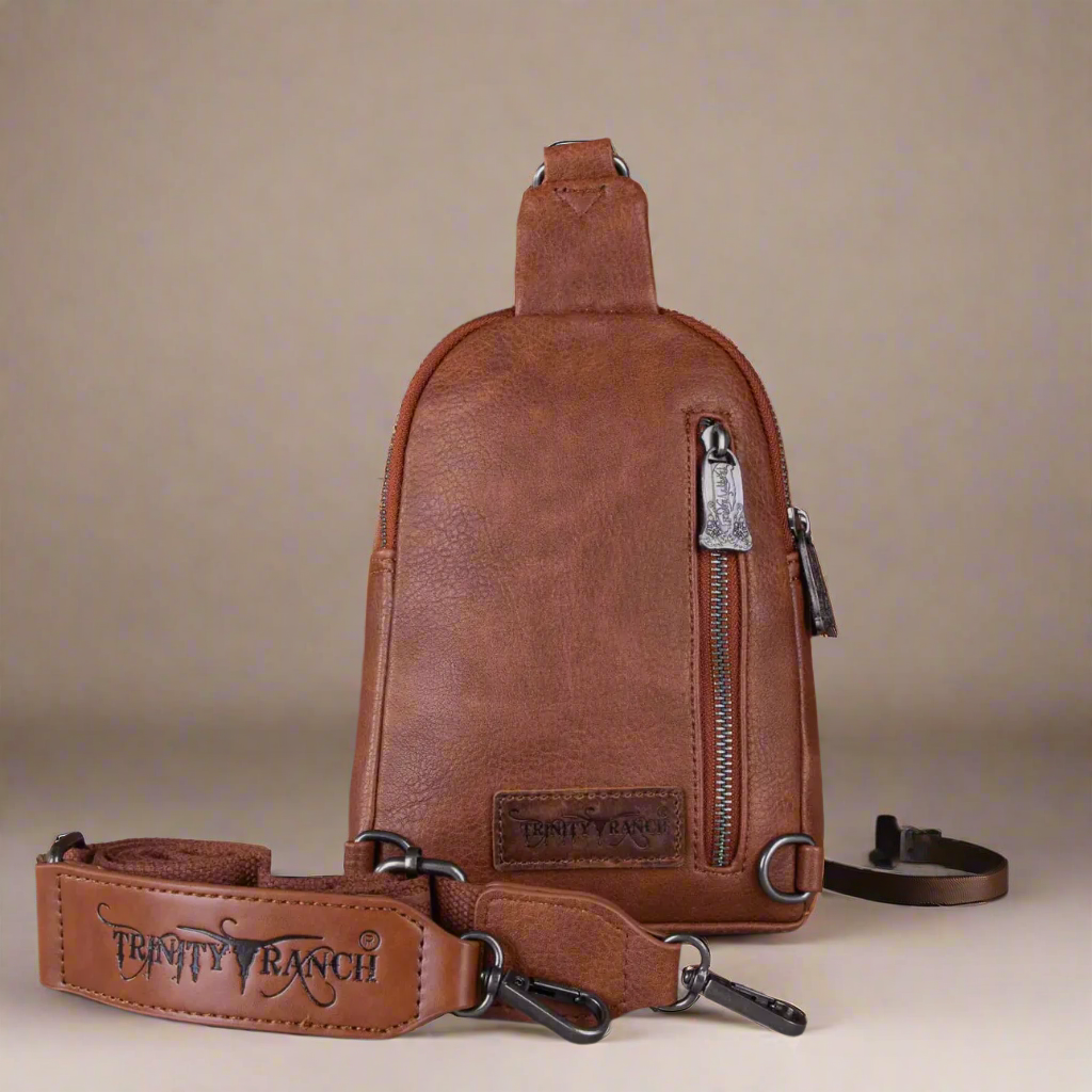 Trinity Ranch Floral Tooled Collection Sling Bag-Brown