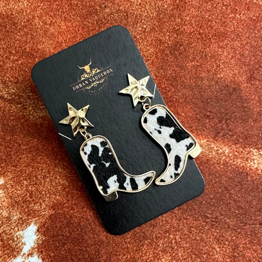Black and White Cowhide Cowboy Boot Drop Earrings