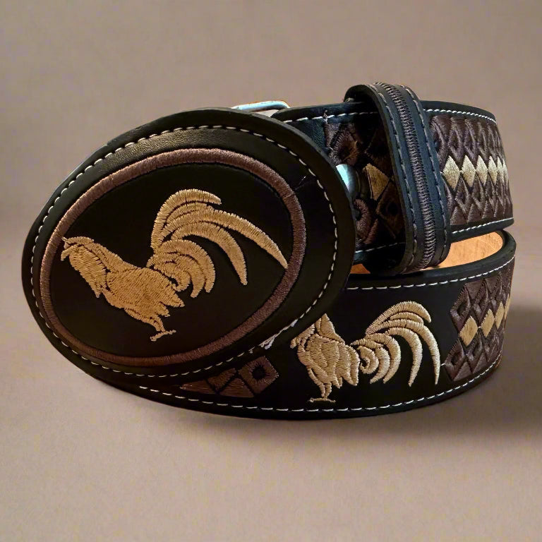 Rooster Embroidered Belt-Coffee