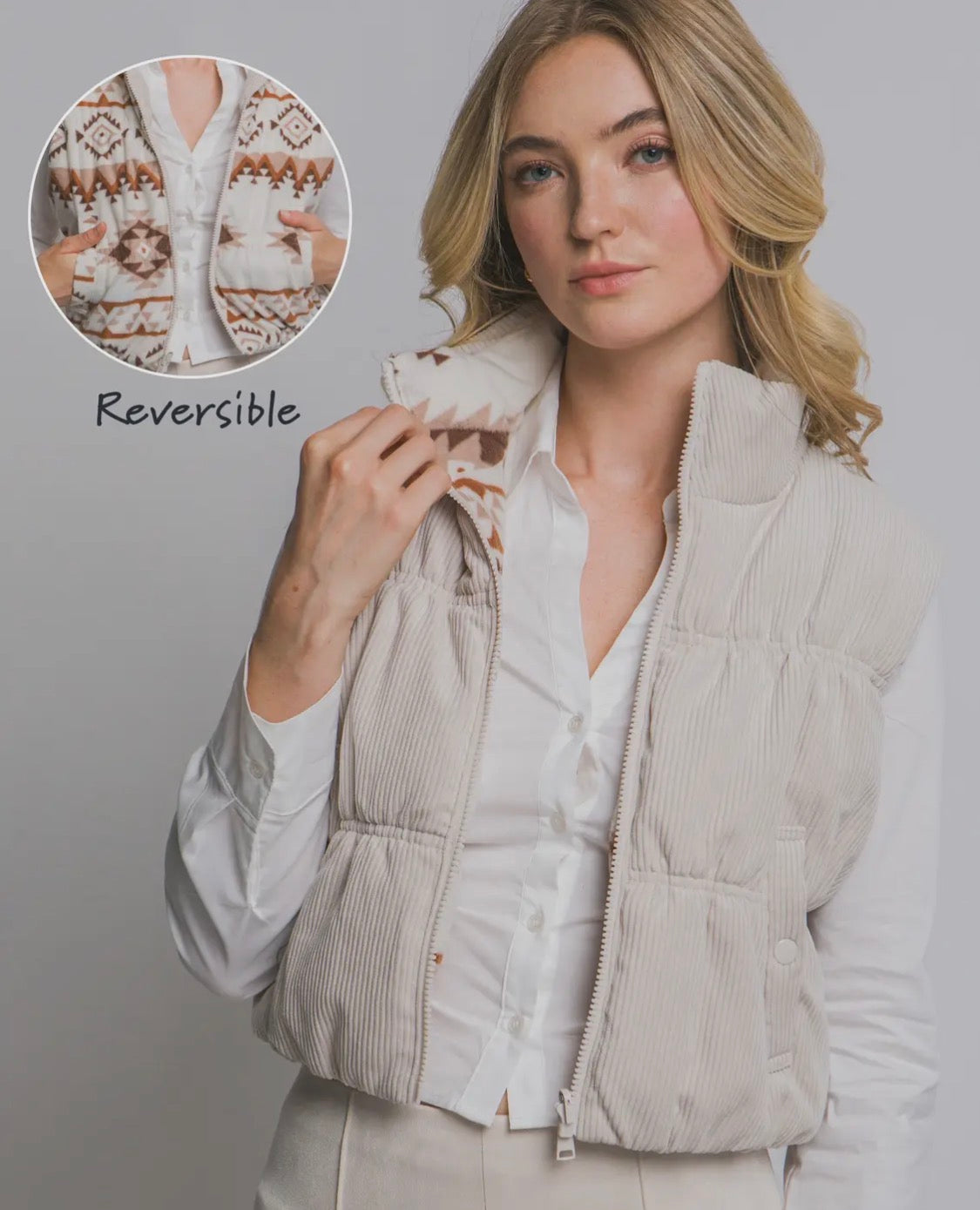 Reversible Aztec Corduroy Western Puffer Vest