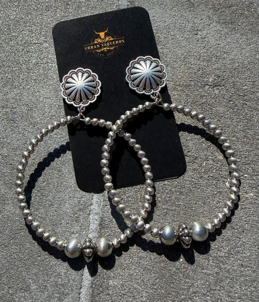 Navajo Bead Hoop Earrings-Silver