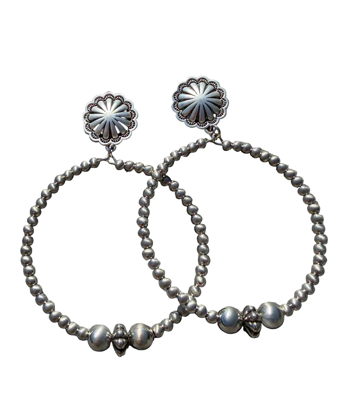 Navajo Bead Hoop Earrings-Silver