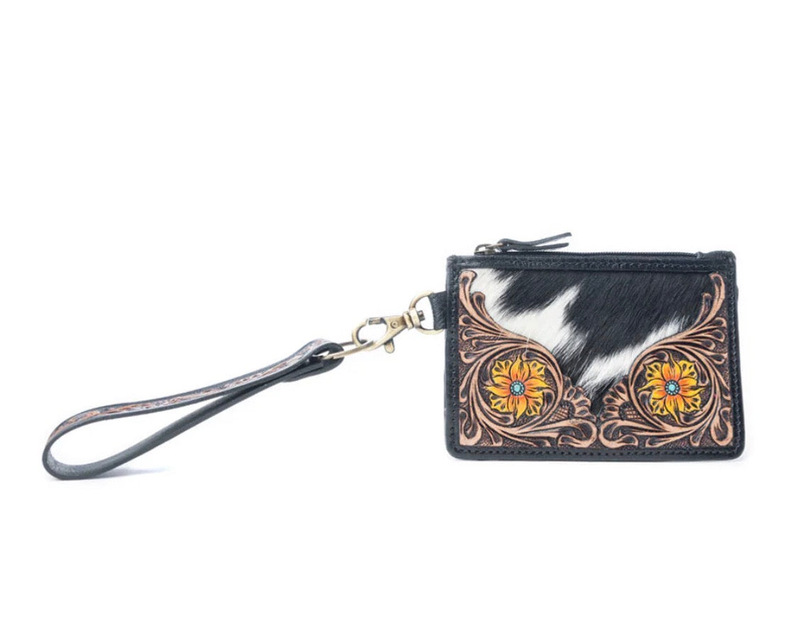 Lone Eclipse Handtooled Hairon Leather Card Holder In Saddle Storm