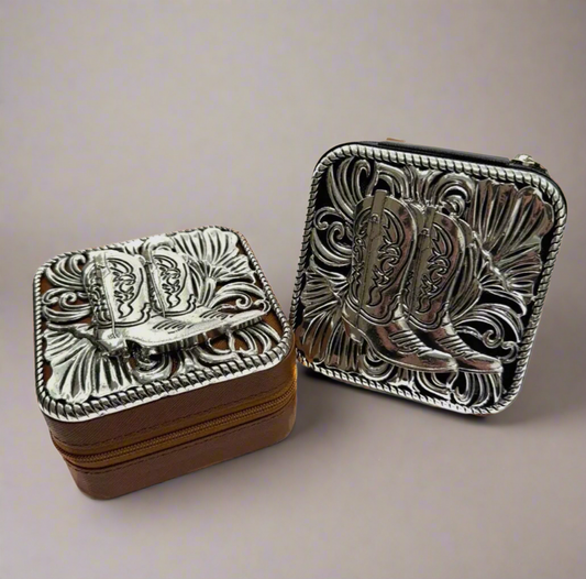 Western Cowboy Boot Etched Metal Plate Jewelry Box