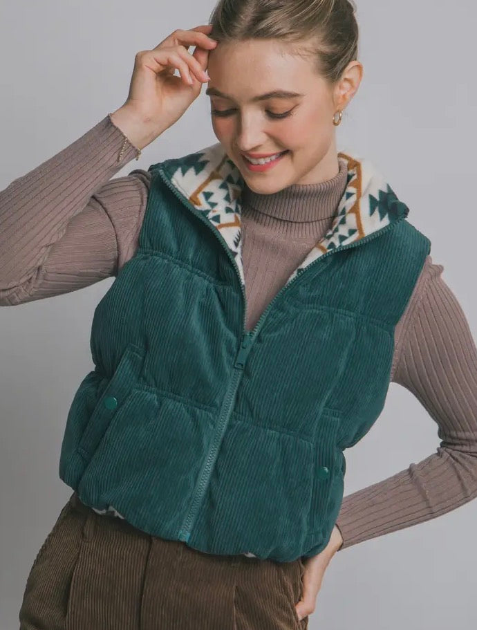 Reversible Aztec Corduroy 
Western Puffer Vest