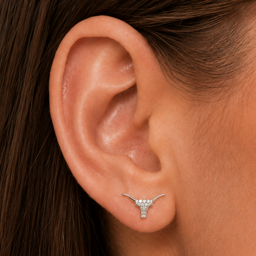 Western Longhorn Skull
Stud Earrings-White Gold