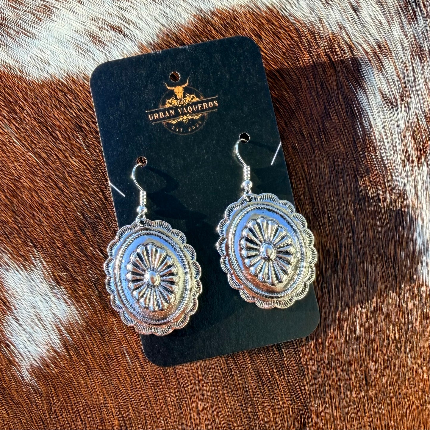 Oval Concho Dangling Earrings-Silver