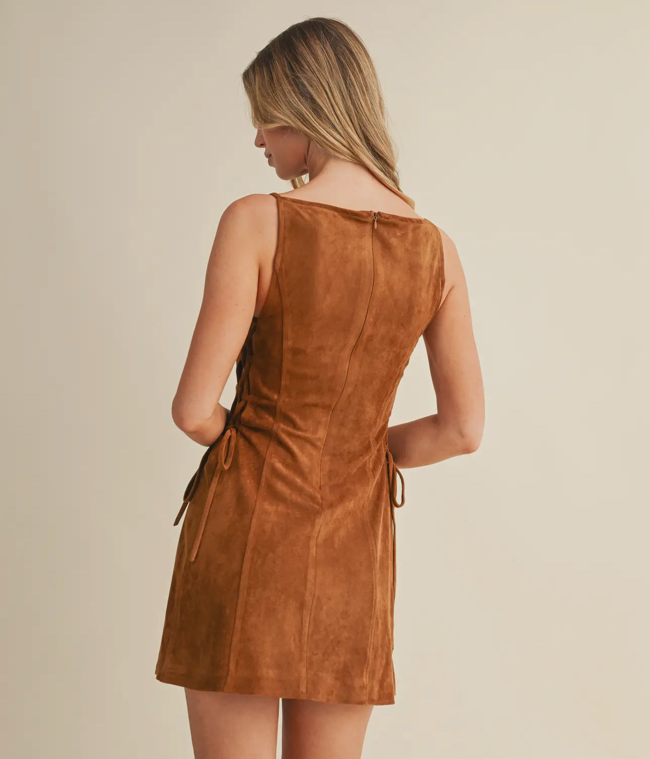 Suede Side Lace Up Sleeveless Boat Neck Mini Dress