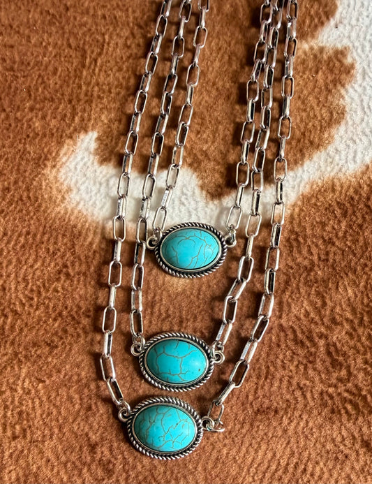 Three Strand Silver and Turquoise Layering Necklace Jewelry Set