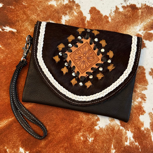 Boho Cowhide Leather Wristlet