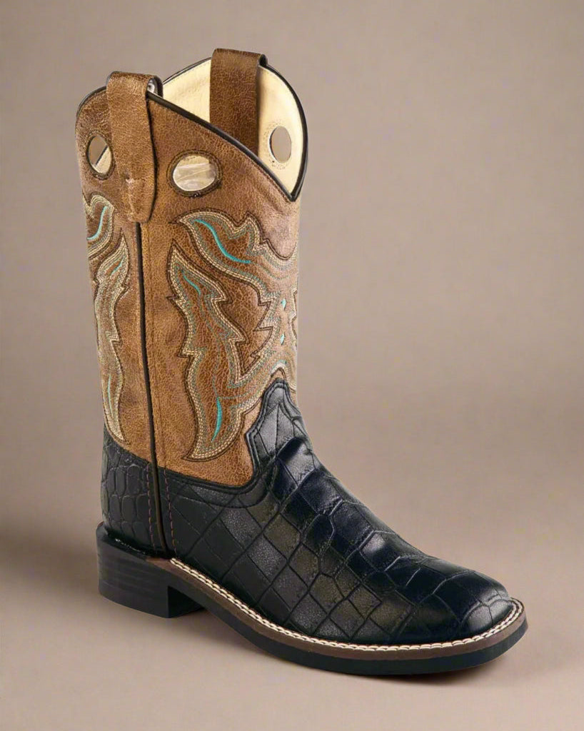 Old West Black/Tan Croc Toddler Boots-Broad Square Toe
