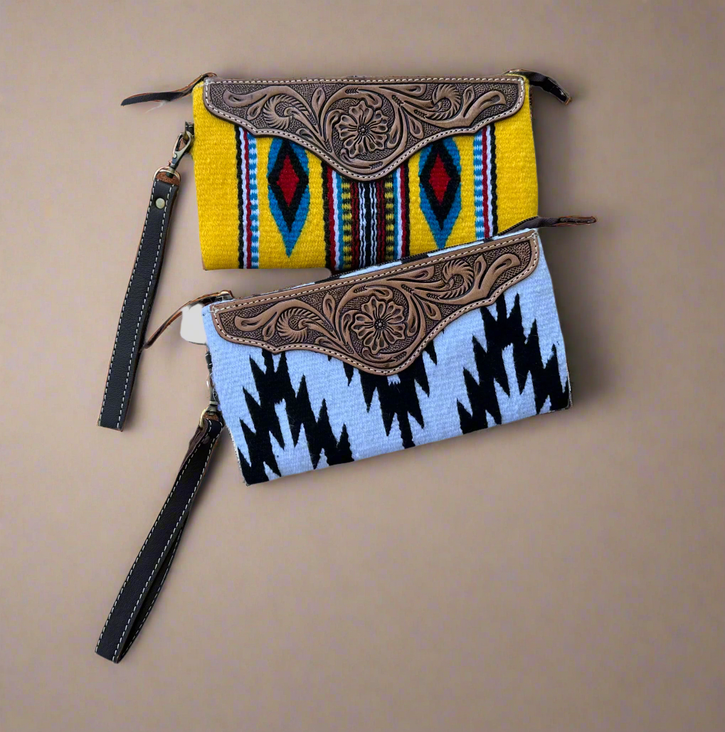 Western Azteca Fabric Leather Wristlet