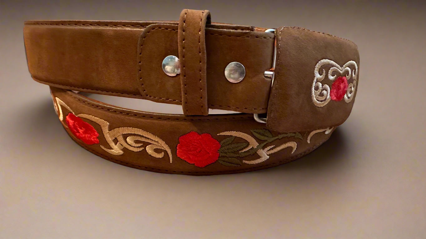Western Brown Red Rose Belt and Buckle-Red Rose