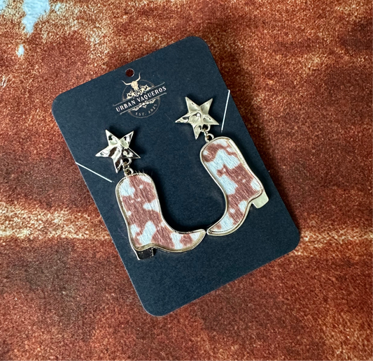 Brown and White Cowhide Cowboy Boot Drop Earrings
