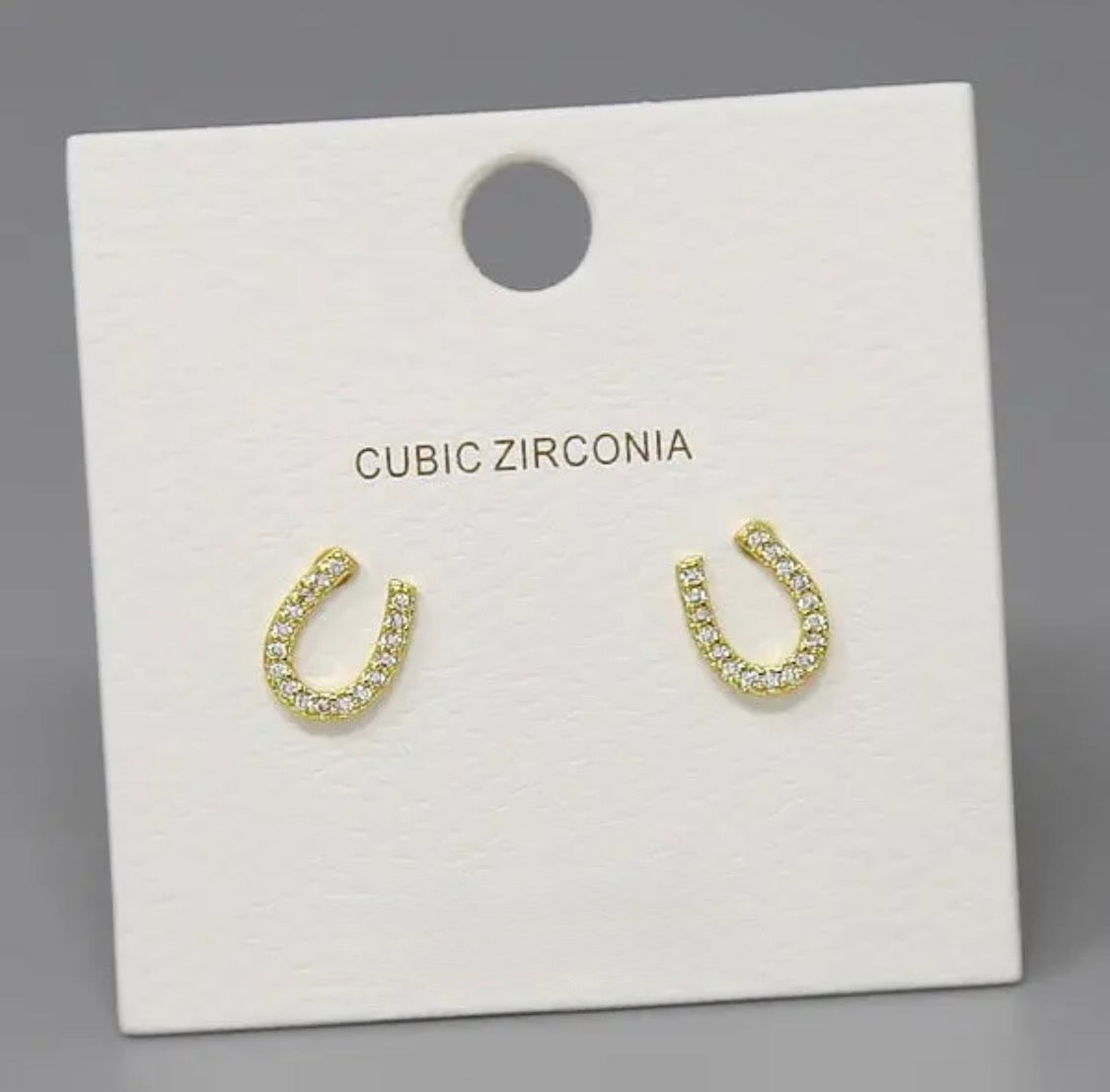 Horseshoe Stud Earrings with Cubic Zirconia-Gold
