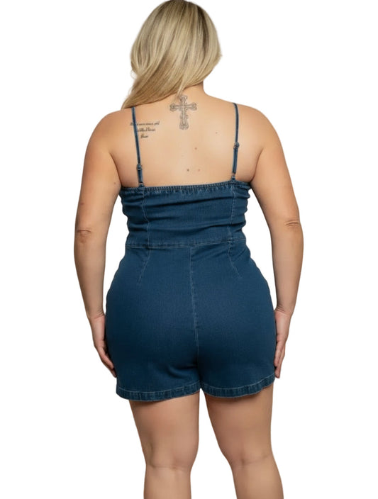 Curvy Denim Sweetheart Neck Tie Front Detail Button Down