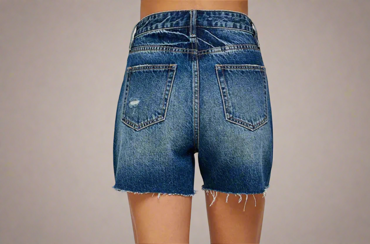 Women’s Boyfriend Midi Super High Rise Raw Hem Denim Shorts-Dark Washed