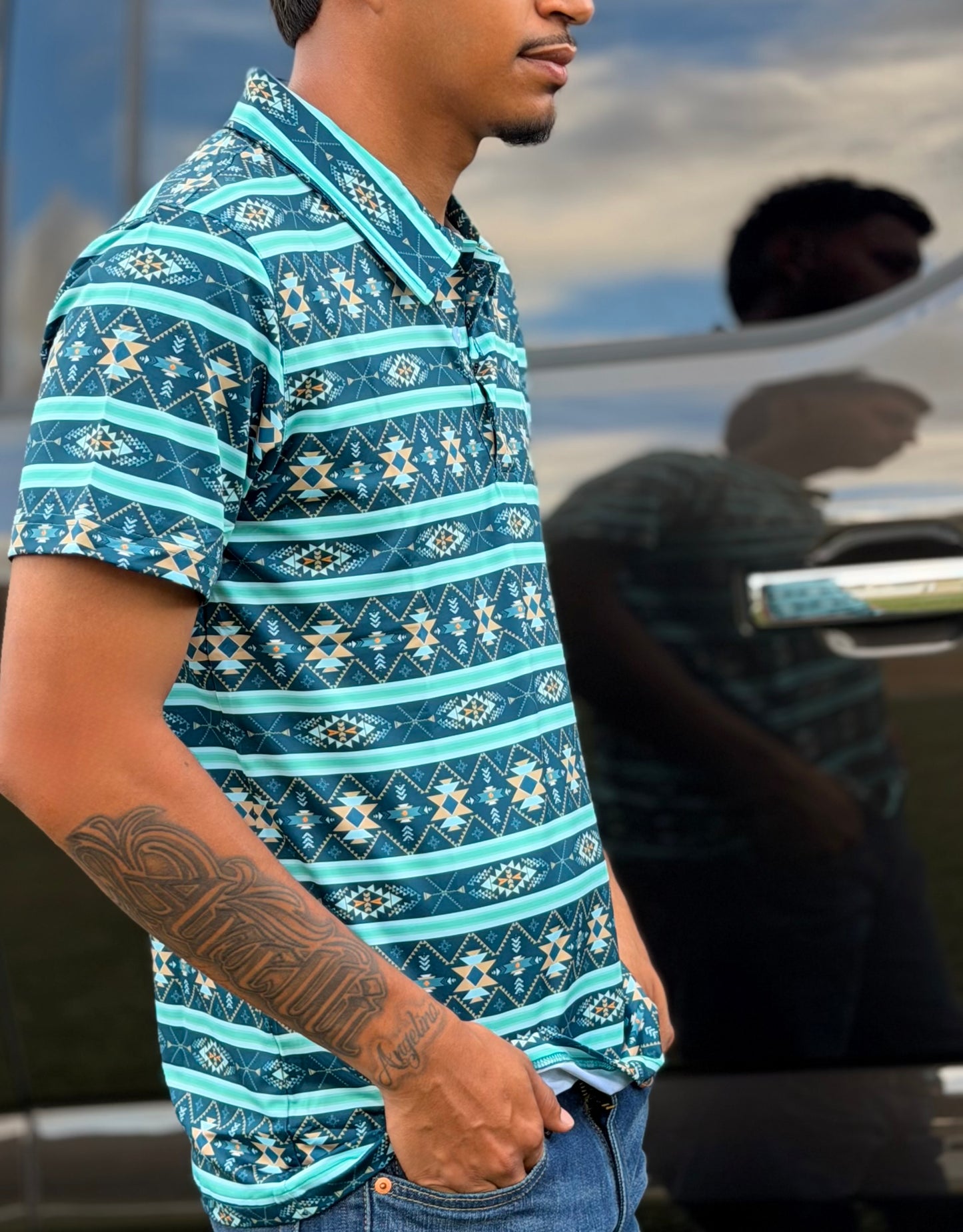 Men's Cuero Line Aztec Aqua Blue Polo