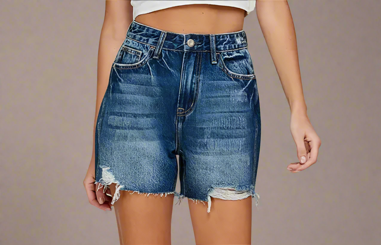 Women’s Boyfriend Midi Super High Rise Raw Hem Denim Shorts-Dark Washed