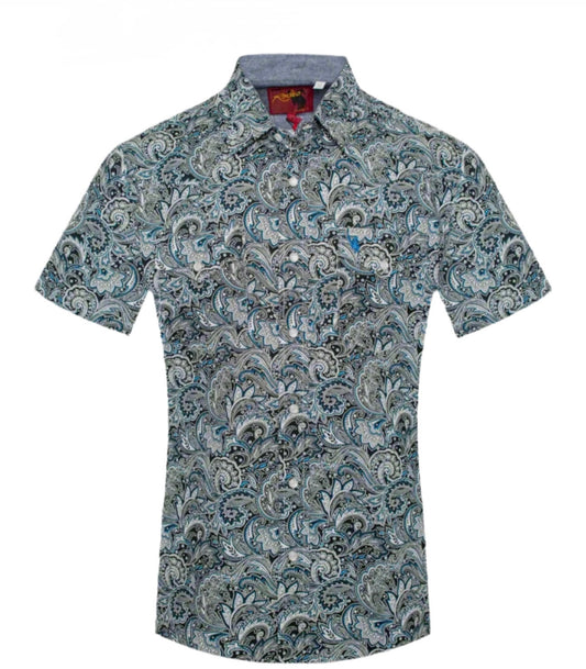 Men's Western Short Sleeve Paisley Pearl Snap-Blue